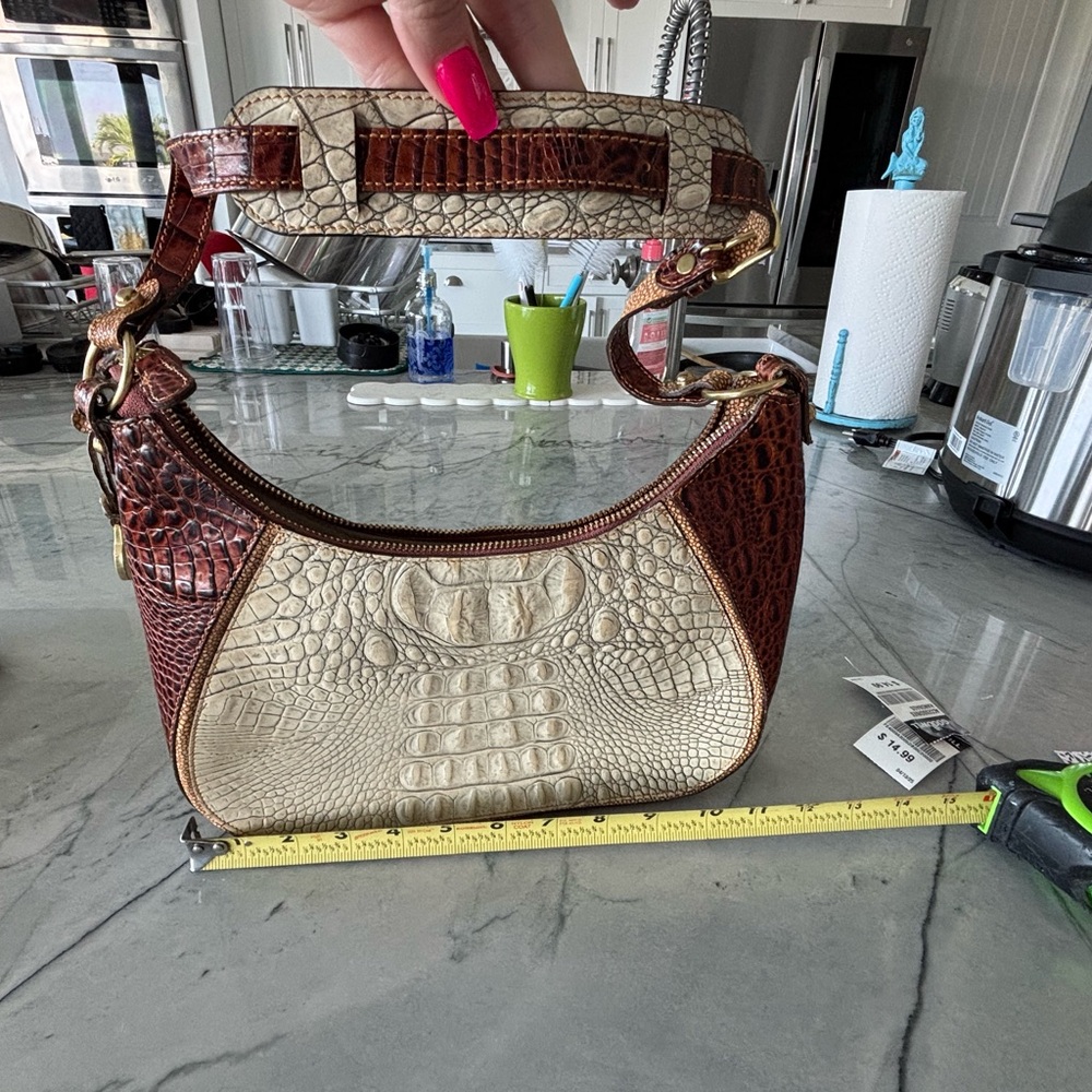Brahmin Brown and Cream Leather Shoulder Bag with Textured Design